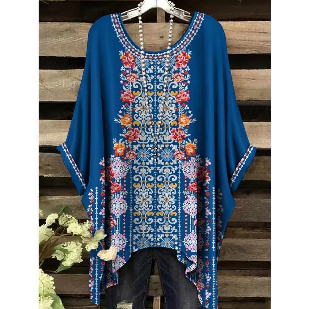 Boho Květinová Tunika Plus Size Dámské Boho Květinový Potisk Tunika Tričko Krátký Rukáv Kulatý Výstřih Ležérní Top Živý 2025