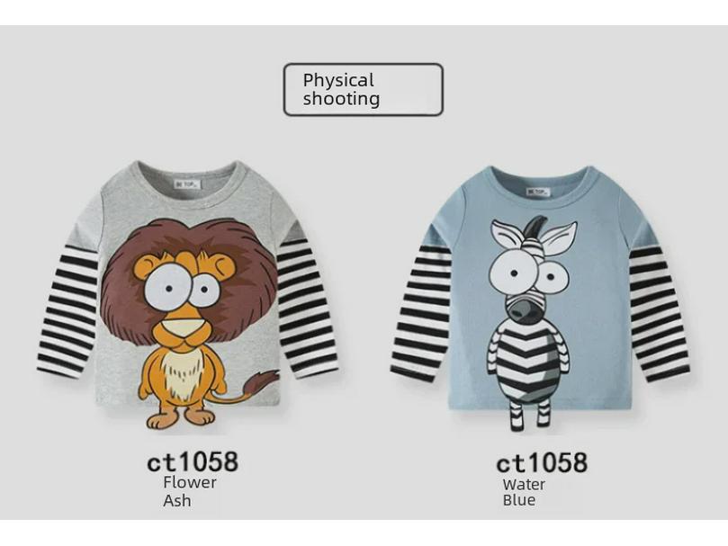 Spring & Autumn 2025 Kids' 3D Cartoon T-shirt with Striped Sleeves - 100% Cotton for Boys