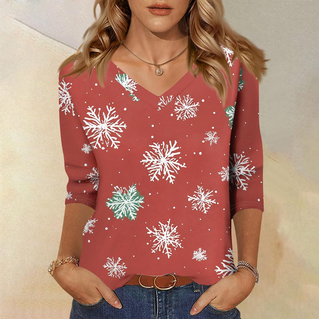 Women's T Shirt CHristmas Print 3/4 Sleeve Daily Weekend Fashion Basic V- Neck Regular Top