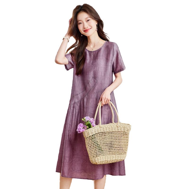 Women's Summer 2025 A-Line Dress: Mid-Length, Round Neck, Waist-Cinching, Slimming, Short Sleeves, Age-Reducing, Fashionable.
