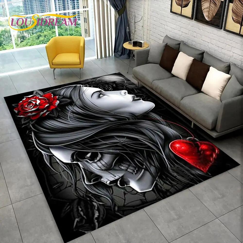 3D Gothic Horror Female Skull Dead Girl Area Rug,Carpet Rug for Home Living Room Bedroom Sofa Doormat Decor,Non-slip Floor Mat