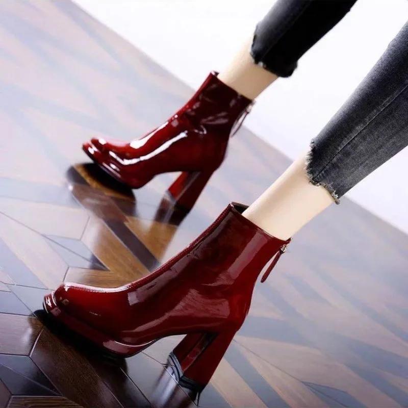 

Мода 2024 года, новые осенне-зимние ботильоны, женские ботинки на высоком каблуке, модные короткие ботинки на толстом каблуке, квадратная обувь, модные черные ботинки 36 вино красного