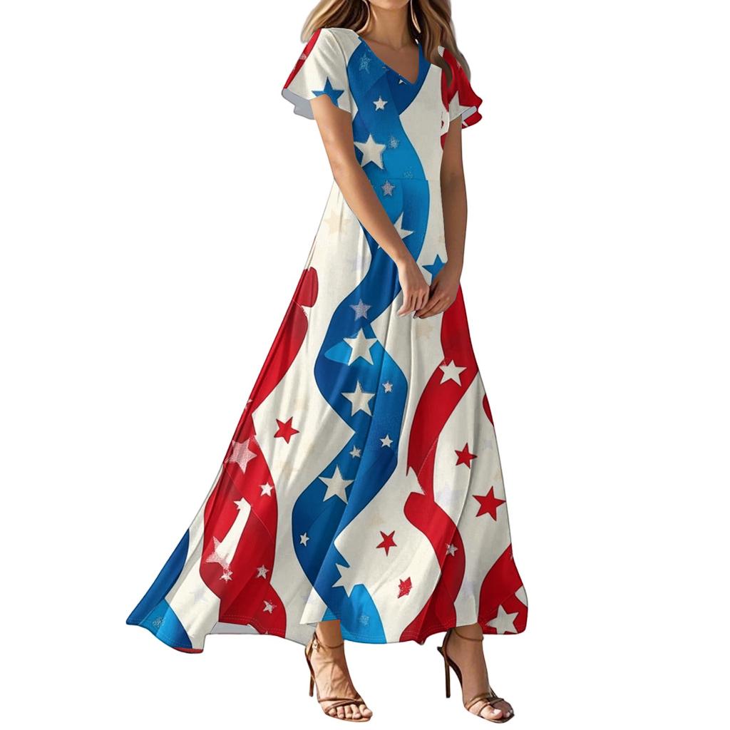 Women's Casual Fashion Print Long Dresses V-Neck Short Sleeve Dresses