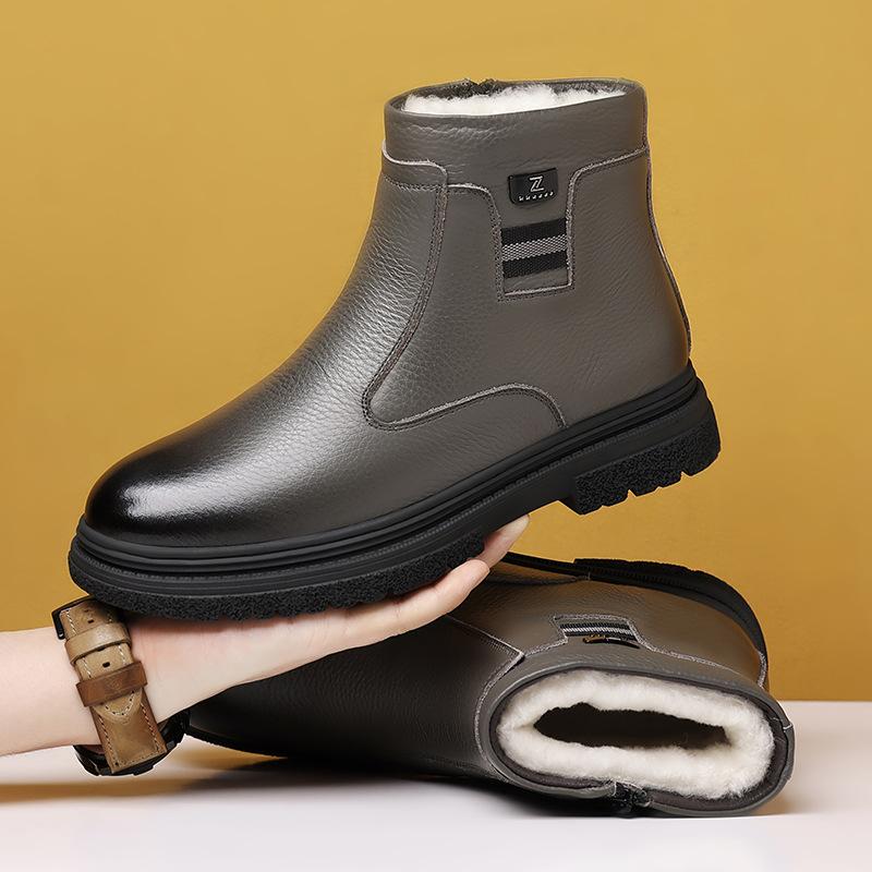 New Winter Ankle Boots Men's Genuine Leather Mid Top Vintage Plush Warm Soft Leather High Top British Side Zipper Chelsea Boots