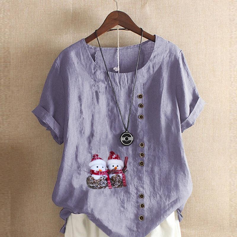 Women's Fashion Round Neck Short Sleeve T-shirt Casual Cotton Linen Graphic Shirt Leisure Loose Snowmen Prined Summer Blouse Tops