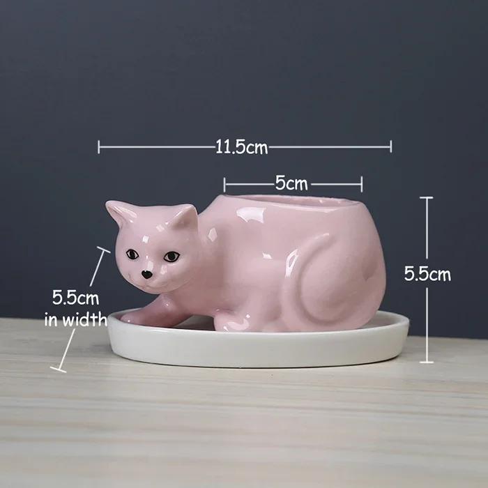 Cute Cat Ceramic Succulent Planter with Tray - Creative Animal Shape Flower Pot for Cactus/Bonsai/Indoor Plants - Home
