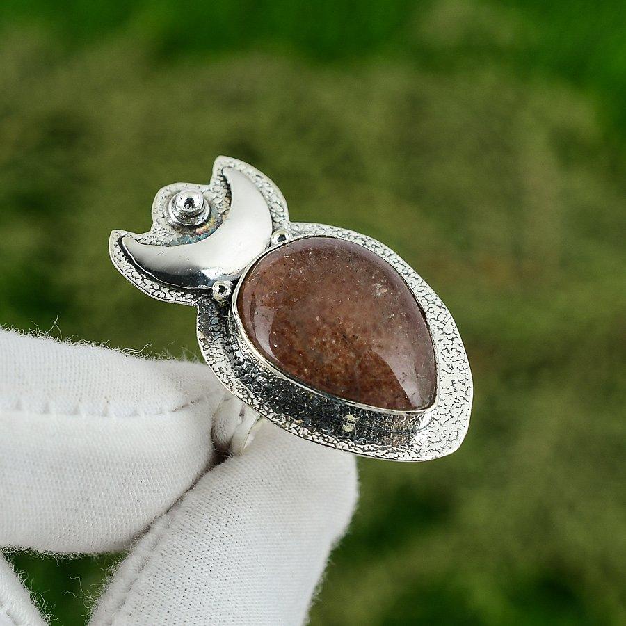 Natural Strawberry Quartz Crescent Moon Bezel New Statement Ring Sterling Silver Adjustable