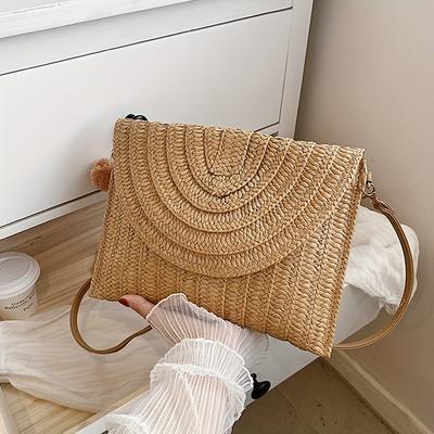 Sac à bandoulière en paille tissée à la main pour femme, élégant et décontracté, avec bandoulière amovible, idéal pour la plage ou l'été