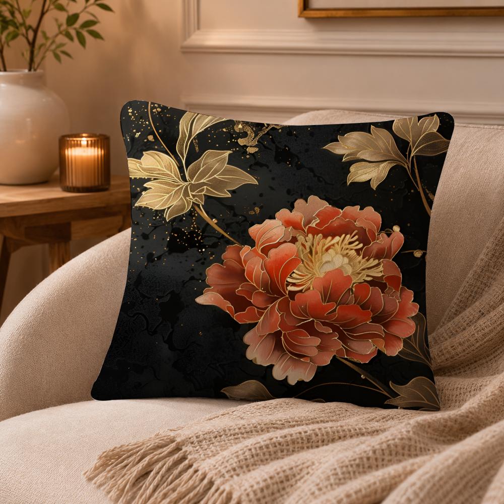 Peony Cushion Cover Anti-dustmite Pillowcase Invisible Zipper Silky Short Plush Sofa Cushion Cover