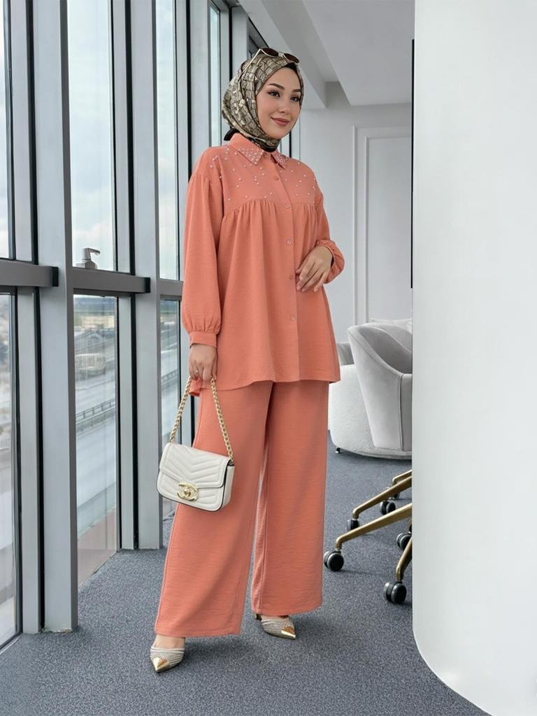 New Arrival: Beaded Long Sleeve Top & Wide Leg Pants Set - Muslim Women's Fashionable Casual Wear
