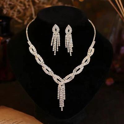 New Necklace, Earrings Set, European and American Style Woven Rhinestone Collarbone Item, Bride Jewelry Chain, Diamond-encrusted Banquet Set Chain.