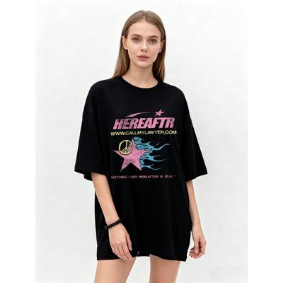 Übergroßes T-Shirt Schwarz Hereafter Peace Stern Grafikdruck Mit Website Und Zitat-Aussage Lässige Streetwear Mode Oberteil Für Frauen