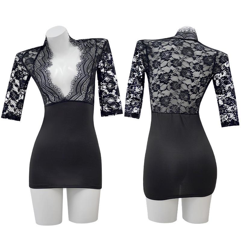 New sexy lingerie lace temptation perspective deep v ** hip skirt free large size pajamas women