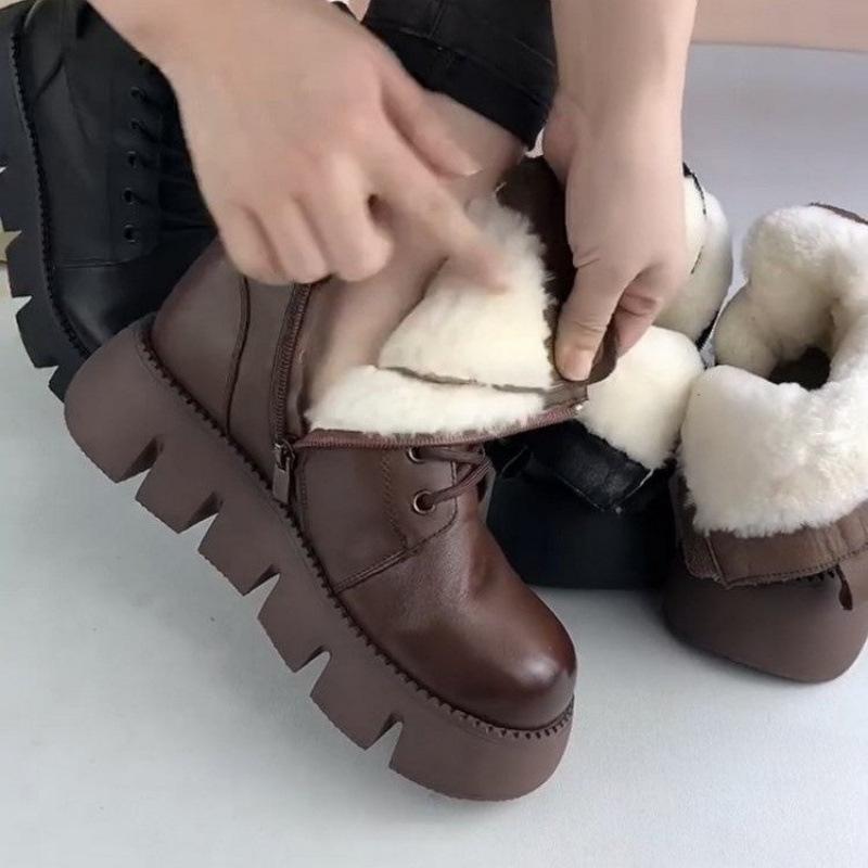 Snow Boots Women Vintage Round Toe Warm Plush Lace Up Platform Solf Anti Slip Thick BottomShort Boot