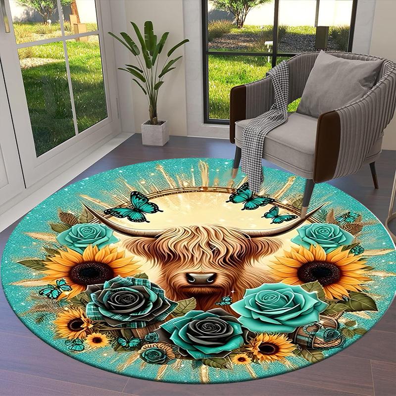 1pc Office Carpet Chair Mats Highland Cow Floral Mandala Perfect for Decorating Office Chairss, Or Bedrooms.YDT399