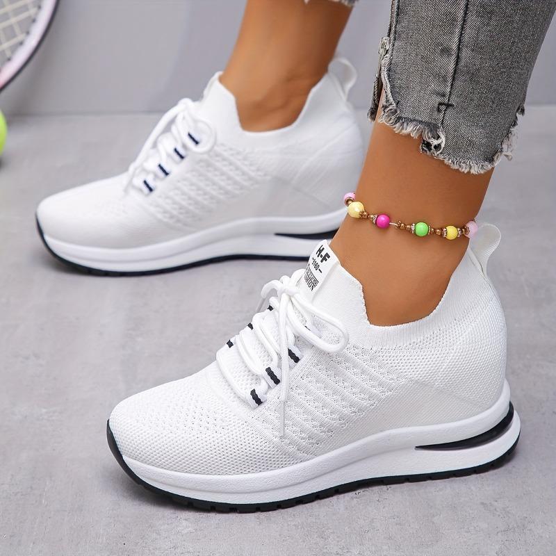 Big Yards Within The High Women's Shoes 2025 Summer New Casual Lace Thick Bottom Slope with Flyknit Mesh Shoes Female