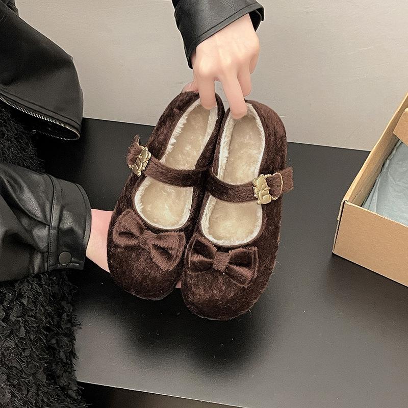 

Xiaoxiangfeng fluffy shoes women s 2025 new autumn and winter flat-bottomed velvet versatile bow soft-soled Mary Jane cotton shoes 40 коричневый