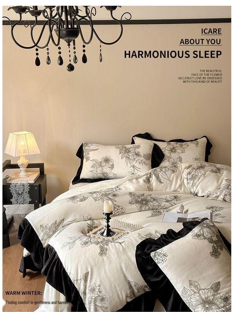 G5Z Melkfluweel & Kant Beddengoed Set: Verdikte Vierdelige Flanel & Koraalvlies, Dubbelzijdig met Dekbedovertrek.