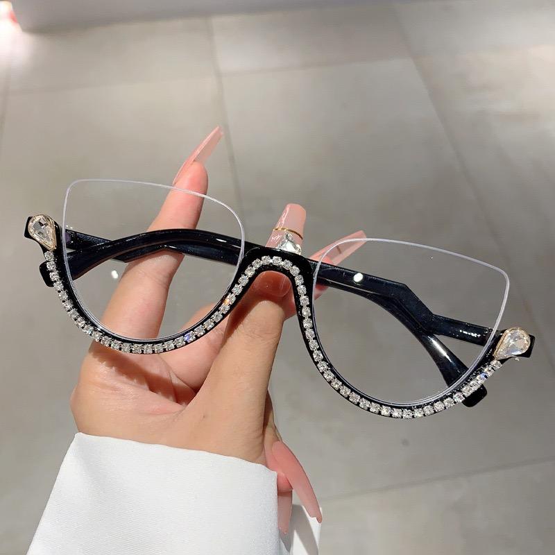 :Diamant Katzenaugen Sonnenbrille für Damen Halbrandlose Sonnenbrille Kristallrahmen Strass Brille Luxusmarke Designer
