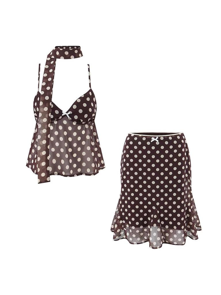 American Style Polka Dot V-Neck Camisole & High-Waisted Skirt Two-Piece Set