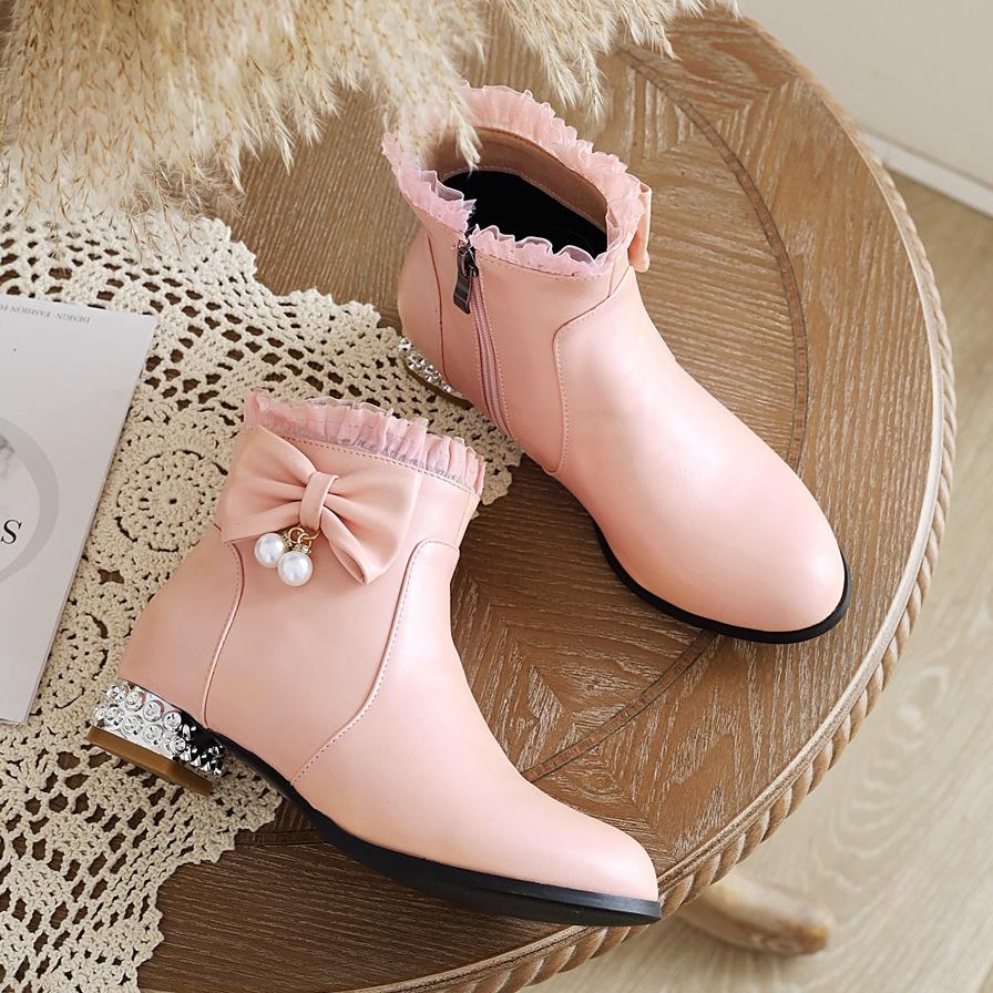 Autumn Winter Girls Boots Sweet Bow Zipper Ankle Boots Comfort Square Heel Women Boots Pink Lolita Student Shoes Plus Size 28-43