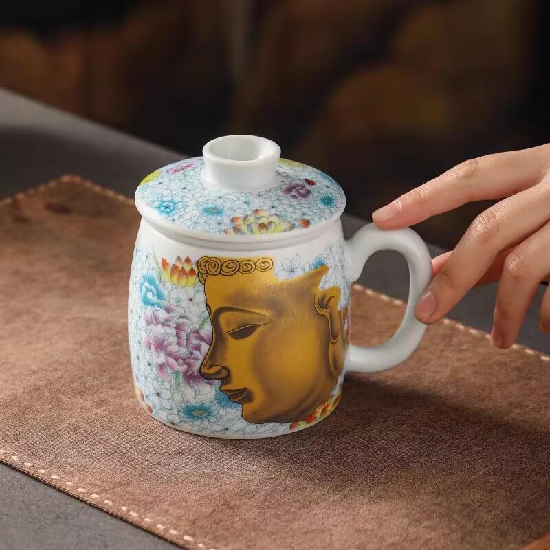 Soda Glaze Ceramic Flower Blooming Buddha Office Cup Water Cup With Lid Filter Tea Separation Tea Cup Gift Box