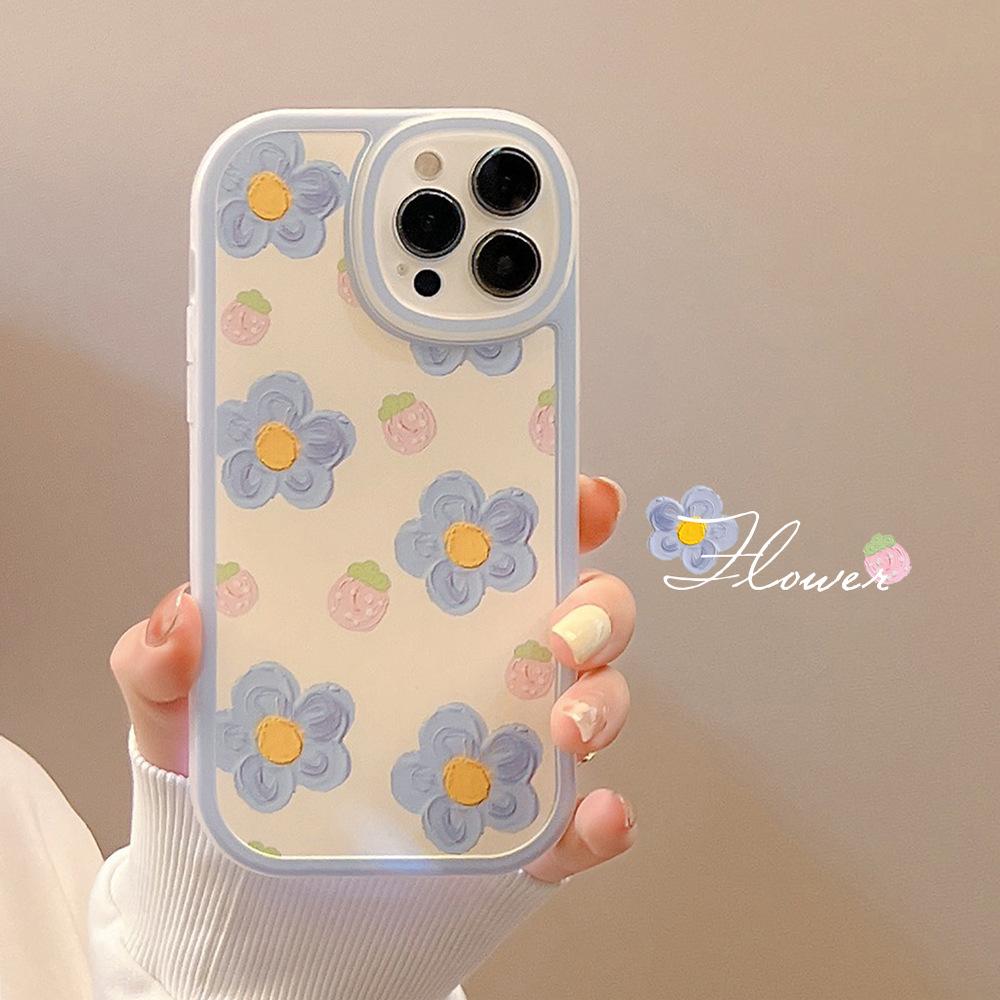 Cute Oil Painting Blue Flower Phone Case for iPhone Aesthetic Floral Strawberry Shockproof Cover, Soft Silicone Protective Case for Women Girls