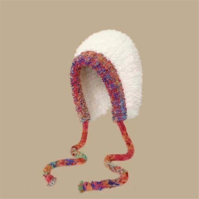 Fashion plush mixed-color knitted hat, warm, windproof, ear protection, wool hat, small and versatile headgear