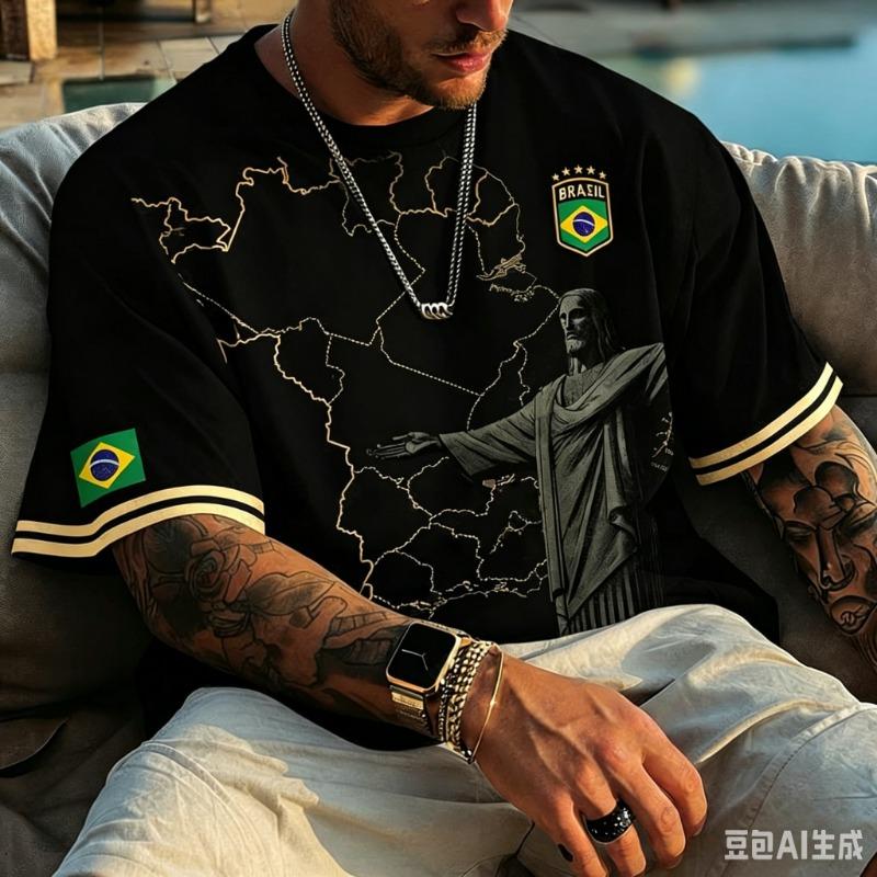 2026 Estate Brasile Rio Landmark Grafico Te Donna Stile Vintage Nero Oro Manica Corta Top Casual per Tifosi di Calcio Uso Quotidiano