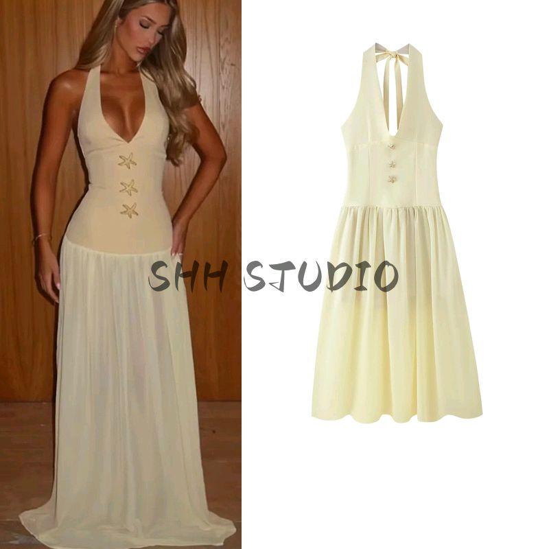 Spring and Summer Women's Clothing Vacation Style Loose Big Hem Starfish Decoration V Neck Sleeveless Long Patchwork High Waist Dress