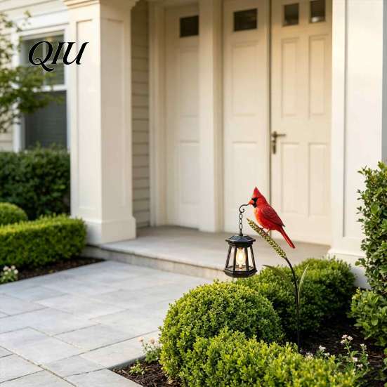 Outdoor Metal Garden Decor Solar Light, Red Bird Lantern, Stake Yard Decor, Weather Resistant Lawn Ornaments Warm Glow Lantern for Patio Porch,