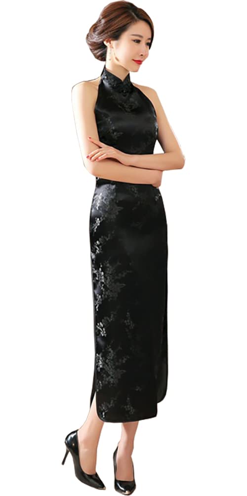 

Neck Holder Backless Print Size [TRTRO] Cheongsam, Off-the-Shoulder, Sleeveless, Long, Slit, Qipao, (Plum Black, M)