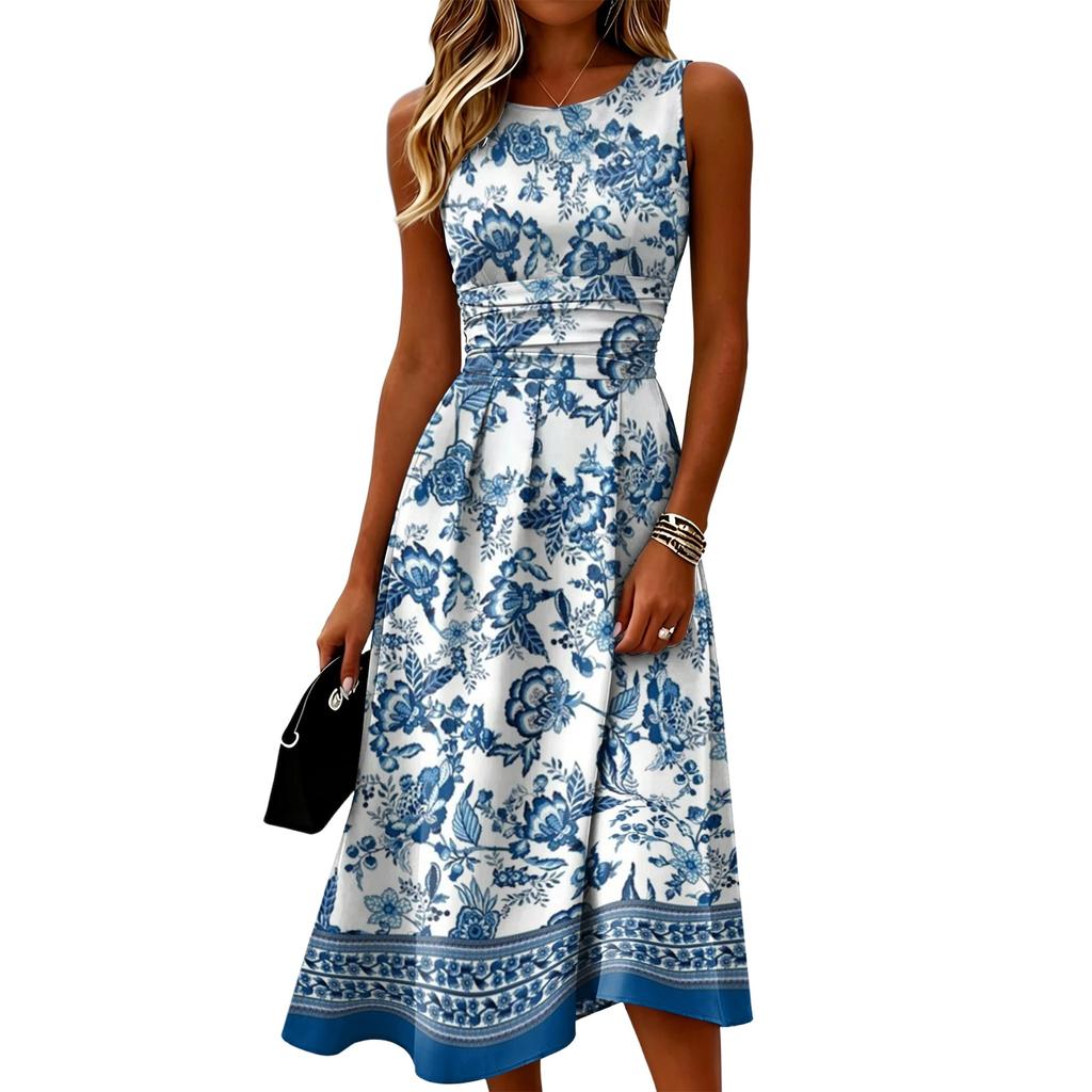 Sleeveless Casual Midi Dress for Women Round Neck Floral Patterned Fit and Flare Style Lightweight Summer Dress