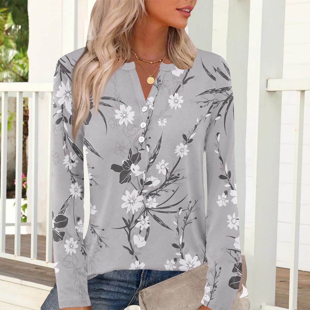 Damen Casual Mode T-Shirt, Vintage Blumendruck, Rundhalsausschnitt, Langarm-Oberteil.