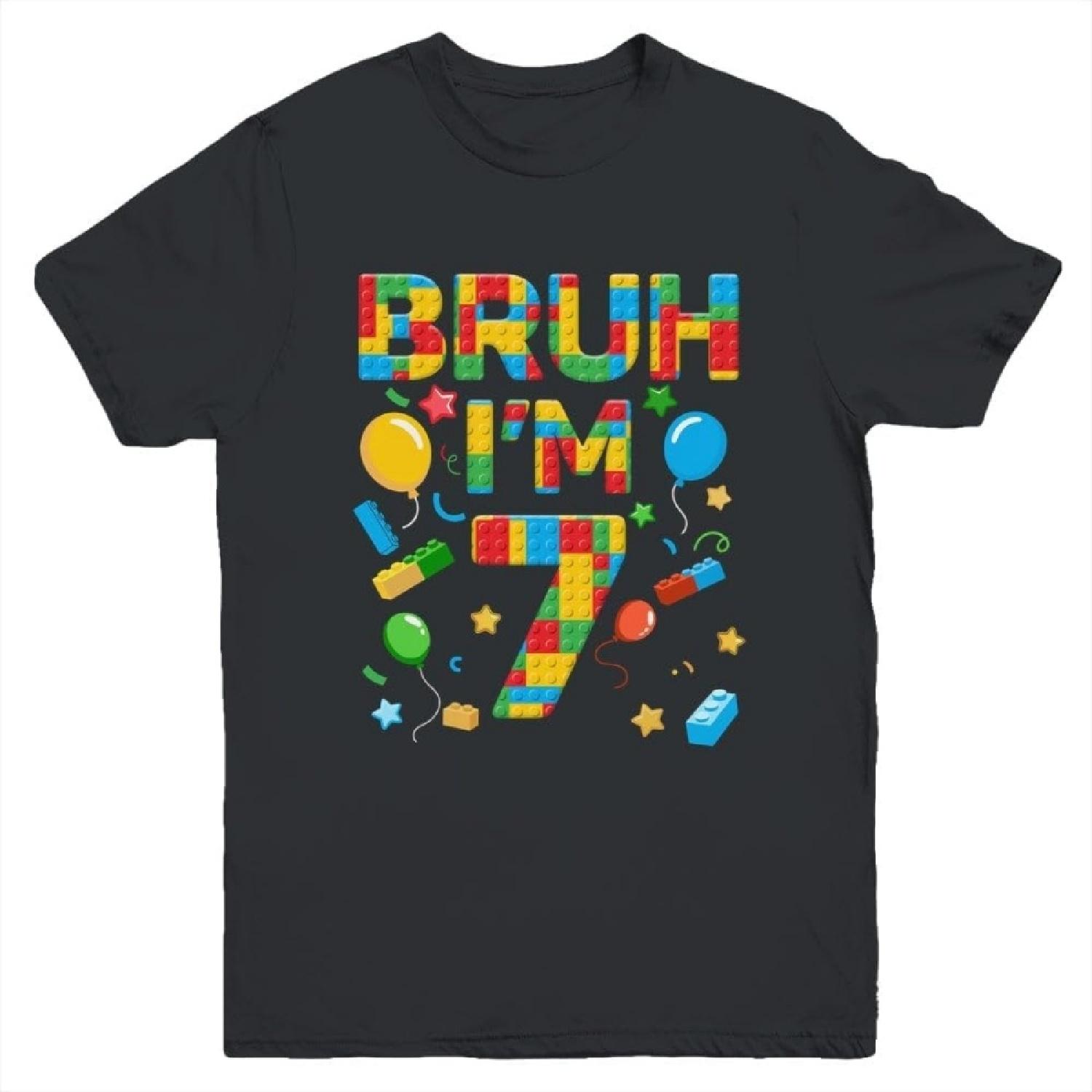 Kids 7 Year Old Building Blocks Bruh 7th Birthday Boy Shirt Kid Short Sleeve Tee S