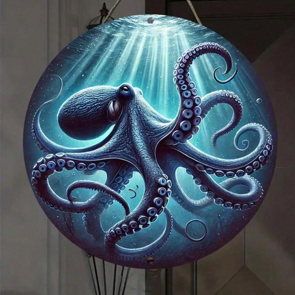Vintage Deep Sea Blue Octopus Metal Tin Sign 7.8 Inch Wall Art Home Decor