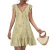 Women's Fashion Casual V Neck Wavy Edge Print Short Sleeve Dress