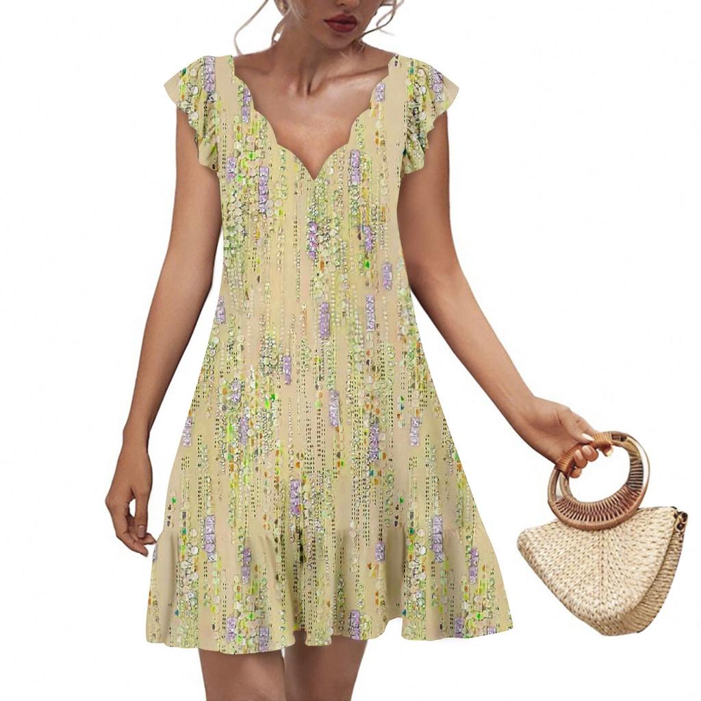 Women's Fashion Casual V Neck Wavy Edge Print Short Sleeve Dress