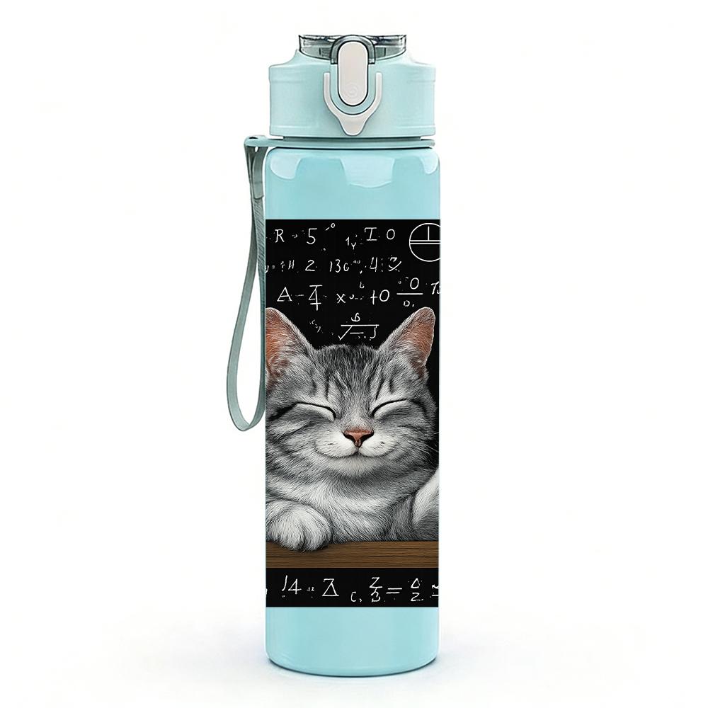 1PC Grey Cat Blackboard Scene 750ml Color Plastic Sports Water Bottle Leakproof Flip Straw Lid For Sports Office Home Use