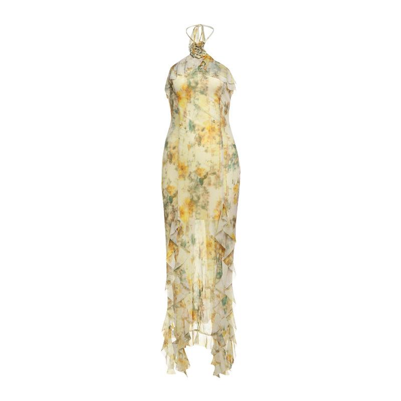 2026 Summer New European and American Women's Clothing Fashion Irregular Split Neck Strap Sleeveless Flower Dress