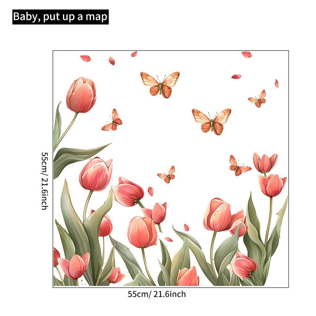 Tulip Butterfly Flowers Wall Stickers for Kids Room Nursery Kindergarten Classroom Wall Decoration Skirting Board Design
