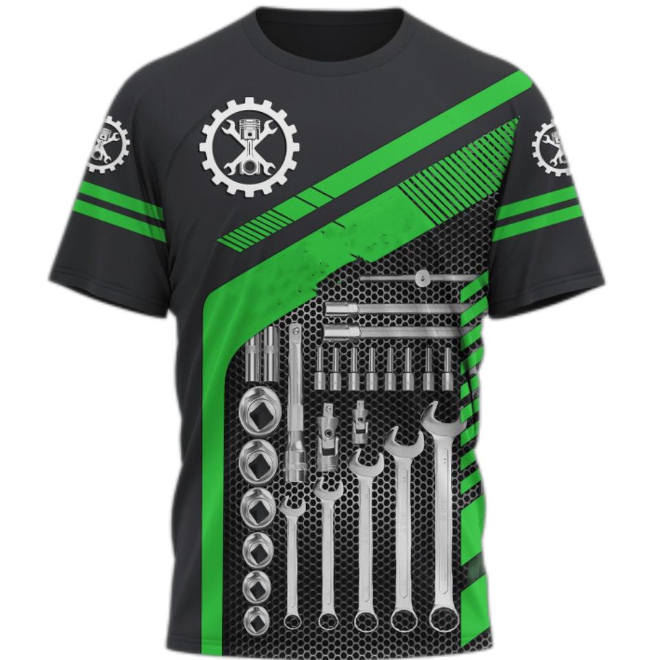 Mechanic 3D Printed Short Sleeved T-shirt Summer Breathable Polyester Simple Round Neck Top