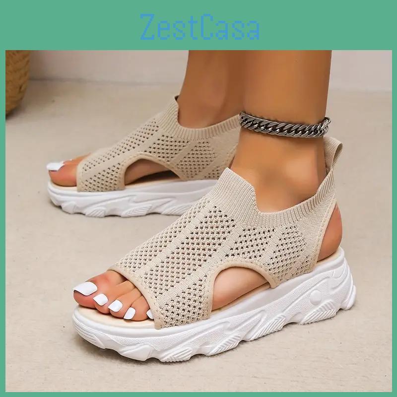 Breathable Womens Sandals Knit Platform Peep Toe Hollow Out Slip On Shoes Casual Outdoor Slingback Sandals