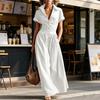 Women Casual Button Down Shirt Dress, Short Sleeve Long Western Cowgirl Dress, Summer Flowy A-Line Maxi Dress with Pockets