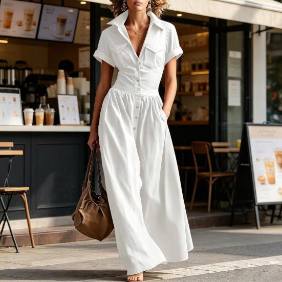 Women Casual Button Down Shirt Dress, Short Sleeve Long Western Cowgirl Dress, Summer Flowy A-Line Maxi Dress with Pockets