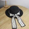 Straw hat summer sun hat elegant polka dot streamer pearl flat top hat travel small fresh sun hat