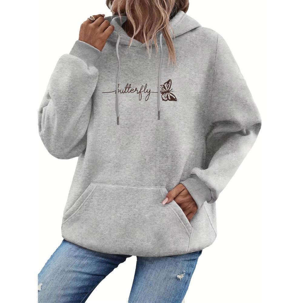 Women's Autumn Winter Loose Casual Butterfly Letter Pattern Printed Hoodie Long Sleeve with Pocket Women Daily Trendy Sweatshirt