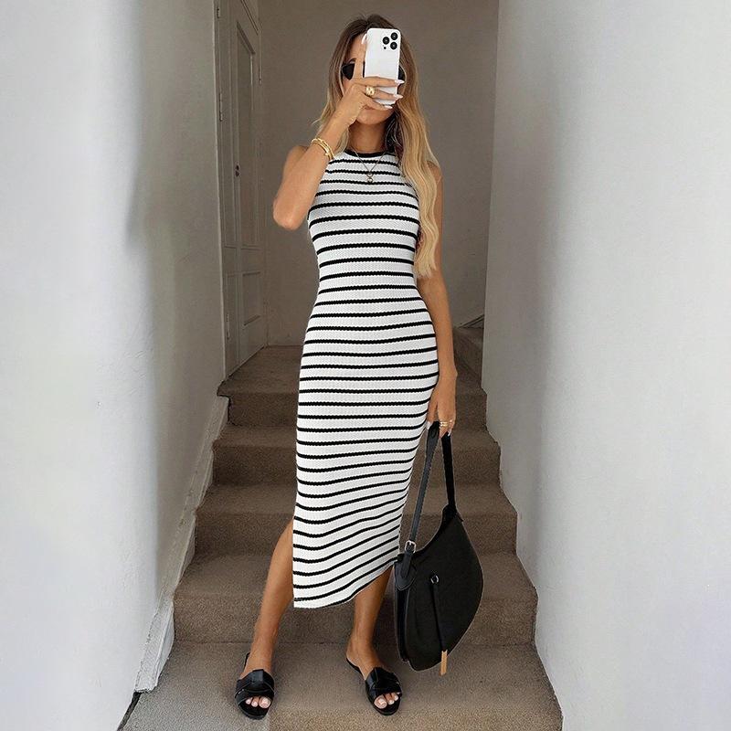 Striped Maxi Dress Women Sleeveless Round Neck Side Slit Bodycon Knit Dress Casual Summer Long Dress for Women