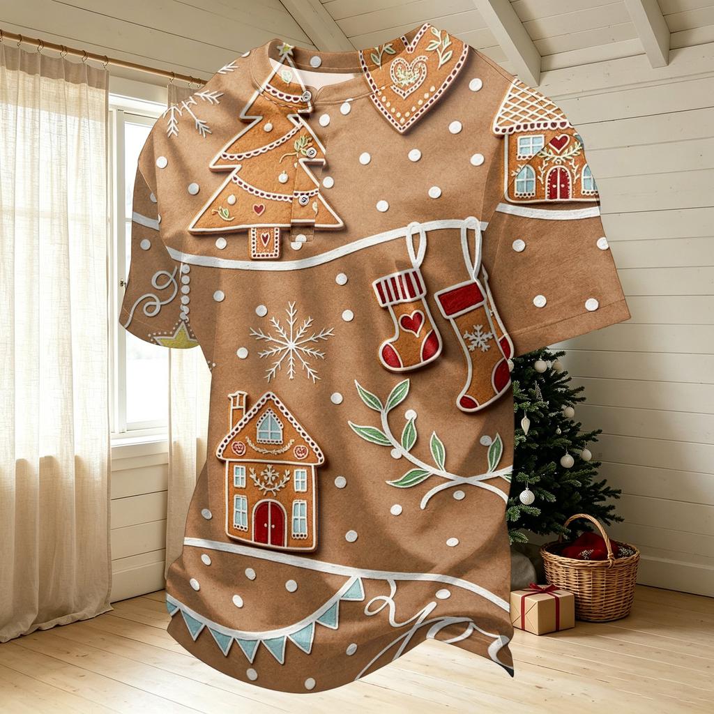 Men's Quick-Dry Neck Short Sleeve T-Shirt with Christmas Print