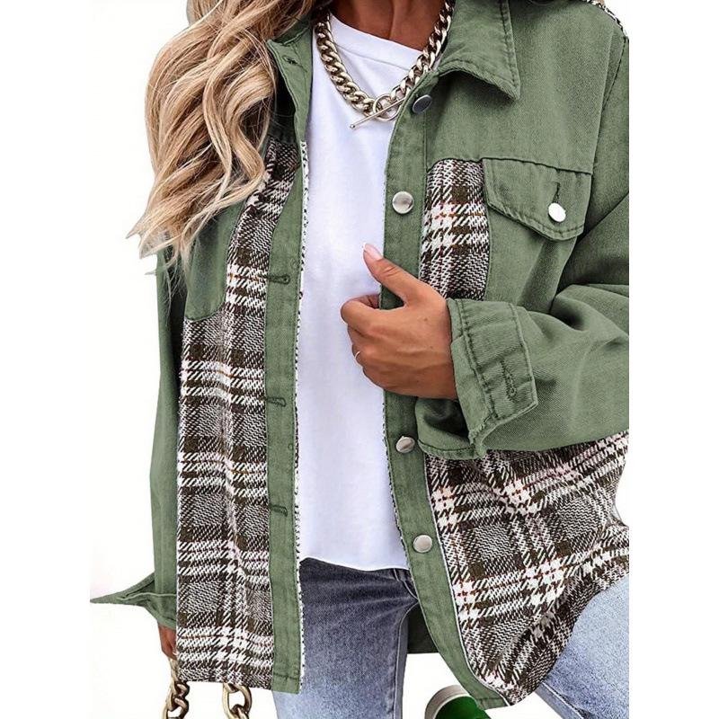 2026 European & American Style Patchwork Plaid Denim Jacket - Soft, Warm, Fashionable